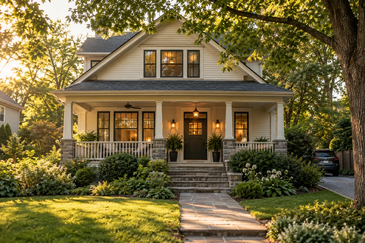 A welcoming home with a sunlit porch and a tree-lined garden.